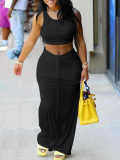 LW Casual Modal Round Neck Drawstring Shirred Solid Color Sleeveless Two-piece Skirt Set